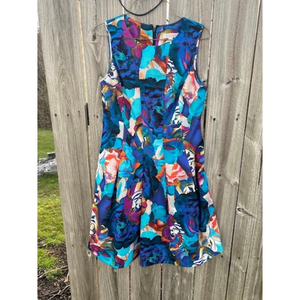 Spense Womens Blue Floral‎ Sleeveless Fit and Flare Scuba Dress Size 6